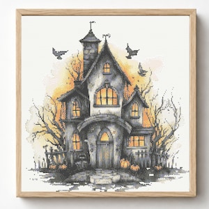 Haunted Mansion Cross Stitch Pattern, Gothic Halloween Embroidery Design (PDF)