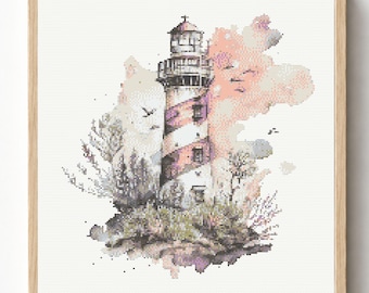 Aquarell Leuchtturm Kreuzstich Stickmuster PDF, Küsten Leuchtturm Stickmuster, Ozean Landschaft, Nautisches Dekor, 200x200 250x250 300x300