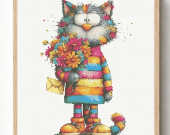 Schema per punto croce PDF con bouquet floreale e gatto stravagante, schema di ricamo di animali colorati
