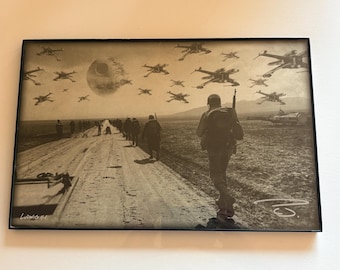 Signed! Billy Ludwig Impale Design Framed Canvas | STAR WARS X-Wing Death Star Wall Art | Hand Signed Sci-Fi Collectible