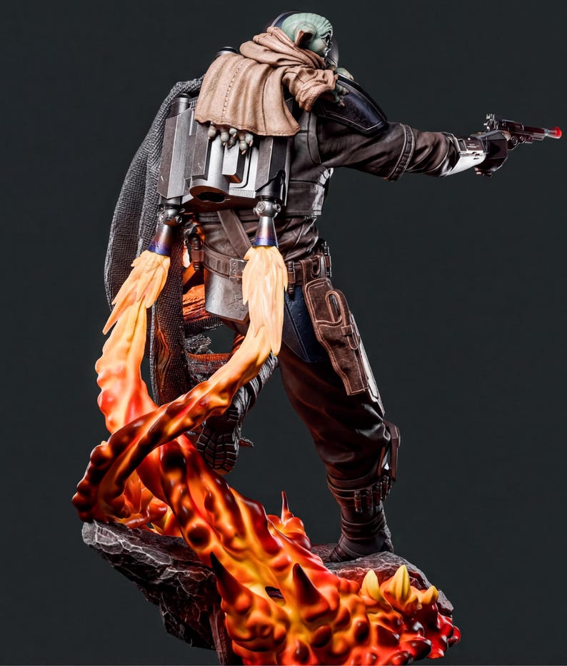 A detailed statue of a character with a backpack, holding a gun and surrounded by flames.