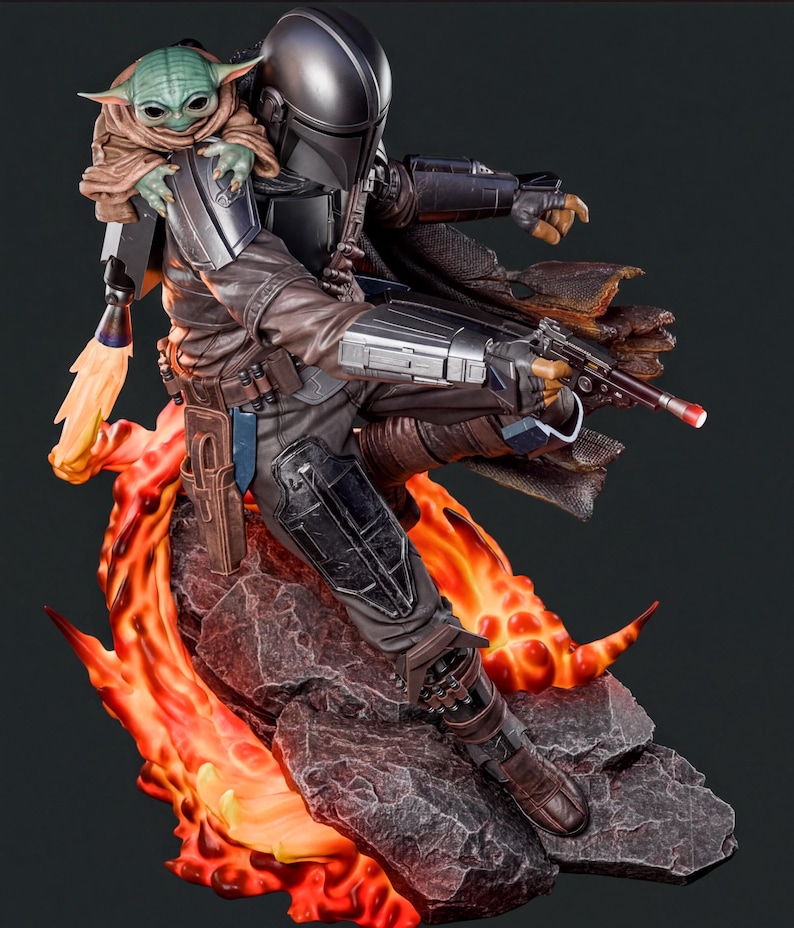 A detailed statue depicting a character in a futuristic, space-themed outfit, holding a weapon and accompanied by a small alien-like creature.