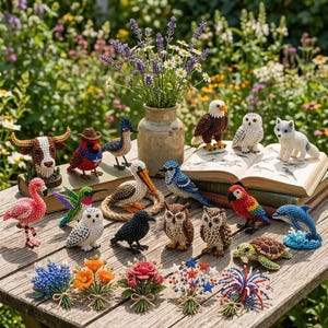 Pode incluir: Uma coleção de pequenas e complexas figuras de contas, incluindo várias aves, um longhorn, uma tartaruga, um golfinho e uma raposa, juntamente com vários ramos de flores de contas, dispostos numa mesa de madeira com um vaso e livros.