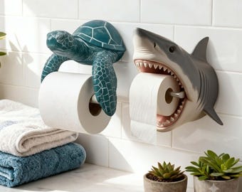 Portarrollos de papel higiénico con forma de tortuga marina y tiburón, soportes de pared de resina impresos en 3D para decoración de baños costeros con textura realista.