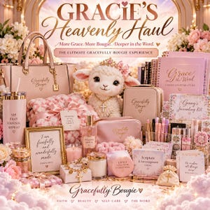 May include: A collection of pink and gold items including a tote bag, a plush lamb with a crown, a tumbler with the text SIP PRAY JOURNAL REPEAT, a journal titled Grace in the Word, a framed sign with Psalm 139:14, and various self-care accessories.