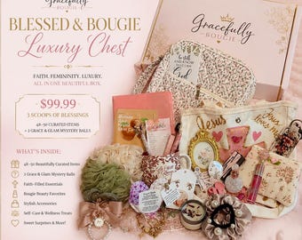 3 Scoops + 2 Grace & Glam Lux Complemento Blessed and Bougie Luxury Chest, Caja de regalo cristiana, Set de regalo de lujo seleccionado, Regalo de ánimo