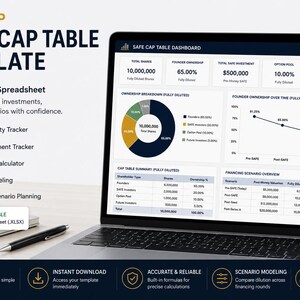 May include: A laptop screen shows a SAFE Cap Table Template, an Excel spreadsheet for startups. The display features financial data, charts, and graphs related to equity, investments, and dilution scenarios. A pen, notebook, and plant are on the desk.