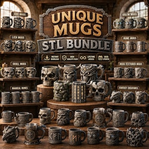 Peut inclure: Une collection numérique de chopes sur le thème fantastique présentant divers designs, notamment des crânes, des golems de pierre, des dragons et des motifs runiques. L'affichage inclut des étiquettes pour des catégories comme Orc, Lich et Rune mugs.