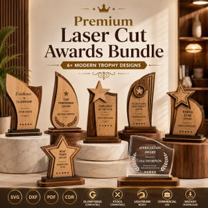 May include: A collection of seven laser-cut awards featuring wood and clear acrylic designs. The trophies display various shapes including stars and flames, with engraved text such as Excellence in Leadership, Top Performer, and Rising Star.