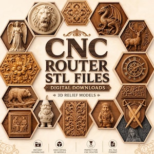 May include: A collection of digital 3D relief models for CNC routers, featuring various wood-carved designs like a lion, dragon, deer, bear, garden gnomes, floral patterns, and a clock. The text reads CNC ROUTER STL FILES DIGITAL DOWNLOADS.