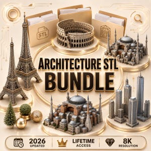 Może przedstawiać: Pakiet STL architektury z miniaturowymi modelami kultowych zabytków, w tym Wieży Eiffla i Koloseum. Obraz wyświetla tekst "ARCHITECTURE STL BUNDLE" i inne szczegóły.