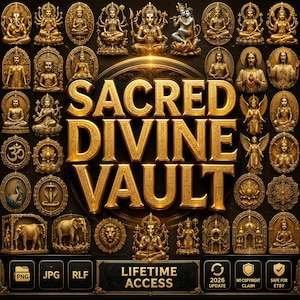 Puede incluir: Una colección digital titulada SACRED DIVINE VAULT con iconos en relieve de tono dorado de varias deidades, animales y símbolos religiosos dispuestos en una cuadrícula. La sección inferior muestra iconos de formato y distintivos.