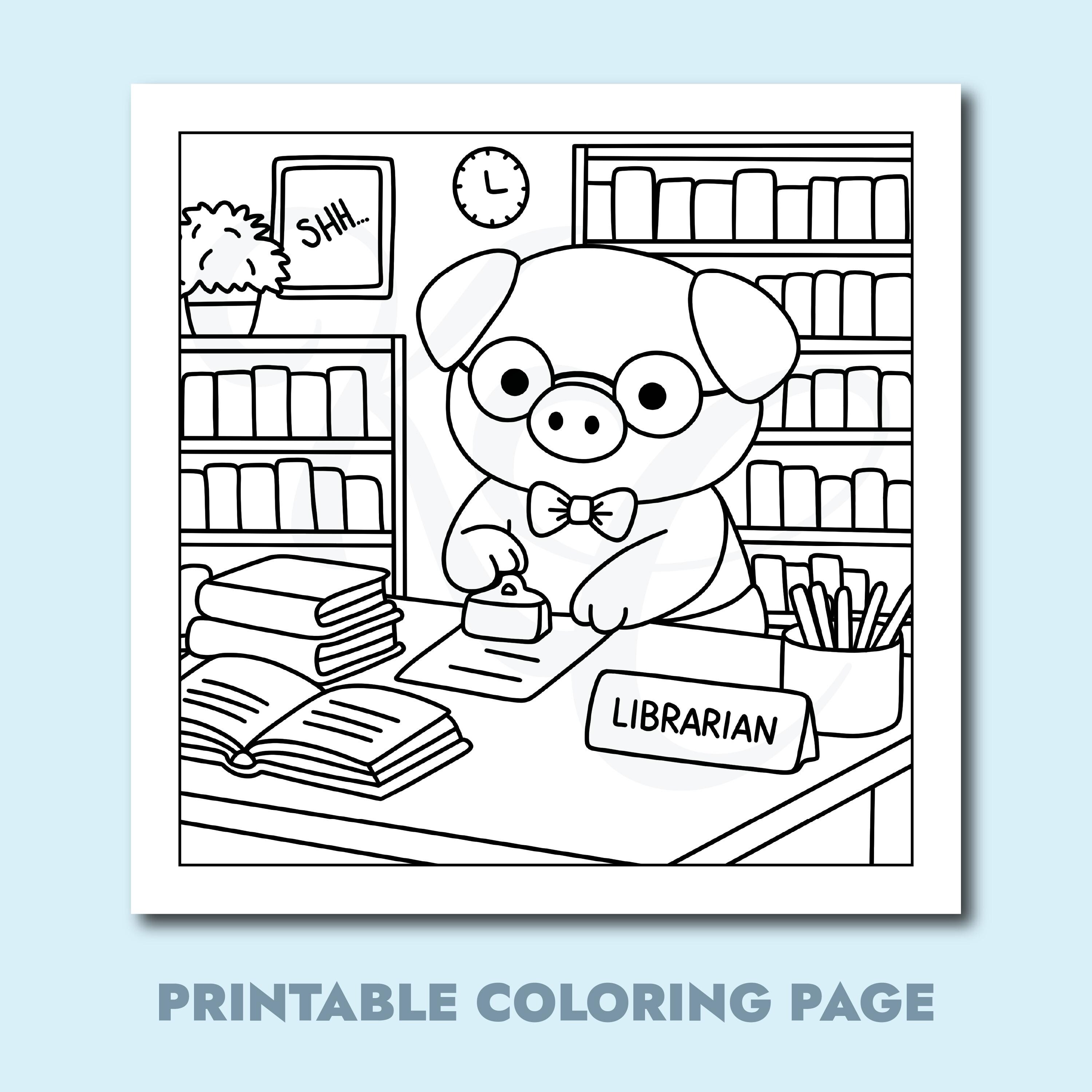 Cozy Librarian Coloring Page Printable, Cute Books, Animal Career ...