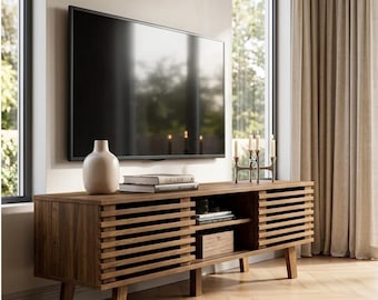 Mid-Century Modern Walnut TV Stand, Minimalist Media Console for 65 Inch TV