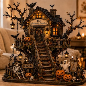 May include: A miniature Halloween treehouse display featuring a central structure with a sign reading The Johnson Family, illuminated windows, hanging lanterns, and bare branches. The base includes a skeleton, pumpkins, a ghost, and signs reading BEWARE and ENTER IF YOU DARE.