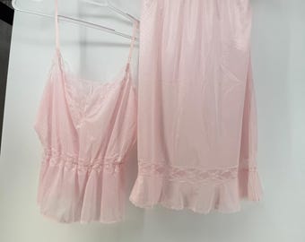 VTG cami rok set dames med 36 roze Zwitserse stippen kant jaren 80 coquette pure babydoll