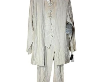 VTG Deadstock DJ Summers Womens 2 Piece Pant Suit Beige Mandarin Embroidered 12
