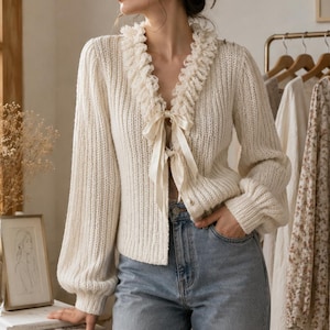 Patrón de punto para chaqueta de cama vintage en PDF / Bolero de punto brioche de los años 40 / Ribete de volantes de ganchillo