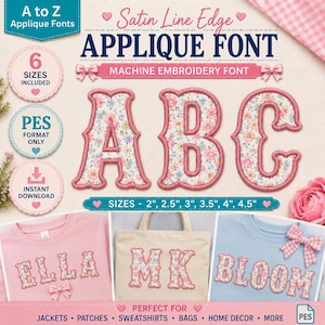 Può includere: Un font per ricamo a macchina con lettere A, B e C a motivo floreale e bordi a punto raso rosa. Il testo include A to Z Applique Fonts, 6 dimensioni incluse, solo formato PES, download immediato e dimensioni 2, 2.5, 3, 3.5, 4, 4.5 cm.