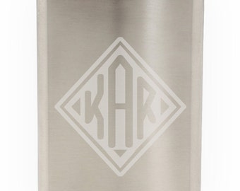 Custom Diamond Monogram Text Etched 8oz Flask With Funnel