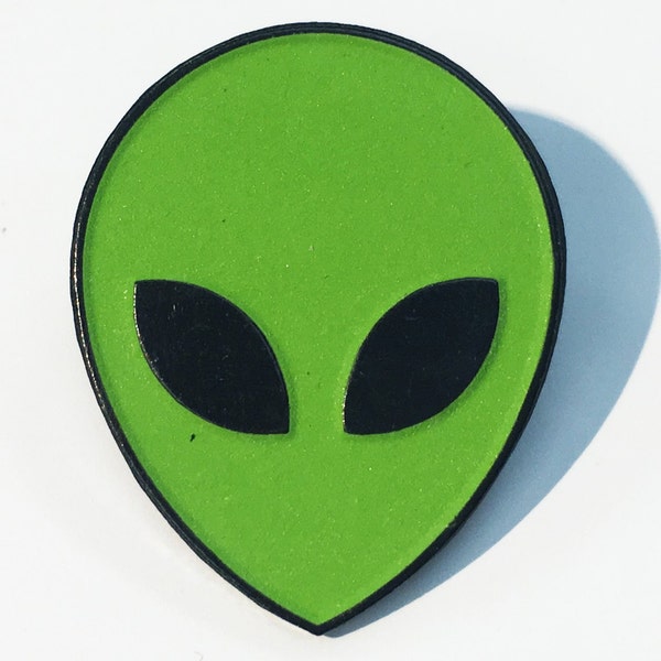 Alien Head Glow in the Dark UFO Space Visitor Enamel Lapel Pin Brass