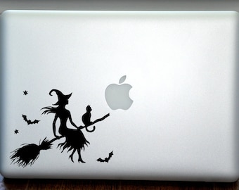 Cute Witch and Cat on a Broom Macbook Vinyl Sticker Decal Mac Apple Laptop iPad