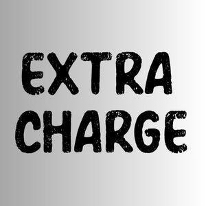 May include: The words EXTRA CHARGE are written in a bold, black, sans-serif font with a textured, distressed appearance. The letters are arranged in two lines, centred against a plain, light grey background that fades to white at the edges.