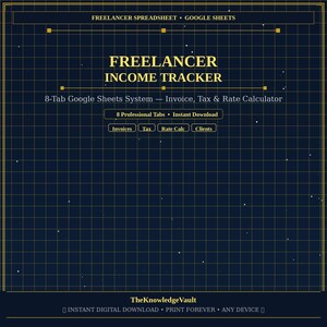 Op de afbeelding: Een donkerblauw digitaal spreadsheet-sjabloon getiteld FREELANCER INCOME TRACKER met een goudkleurig rasterpatroon. De tekst bevat 8-Tab Google Sheets System, Invoice, Tax & Rate Calculator, 8 Professional Tabs, Instant Download, Invoices, Tax, Rate Calc, Clients en TheKnowledgeVault.