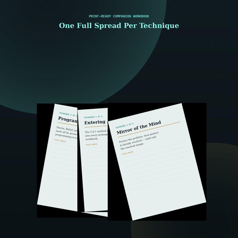 May include: A print-ready companion workbook featuring three white pages with black text and orange accents. The pages display techniques titled Program, Entering, and Mirror of the Mind, each including a section for field notes and lined spaces.