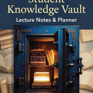 May include: A digital cover for a Student Knowledge Vault Lecture Notes & Planner. The design features a dark blue safe with an open door revealing stacks of illuminated books inside, set against a background of vintage open books and text.