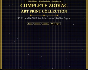 Komplette Zodiac Art Prints Alle 12 Zeichen druckbare Wandkunst Widder Taurus Gemini Krebs Löwe Virgo Libra Skorpion Schütze Instant Download