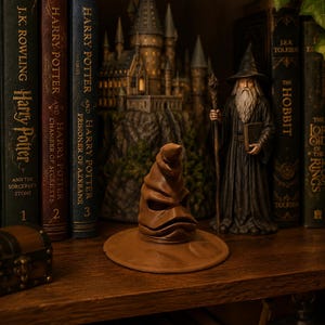 May include: A brown, weathered, pointed hat with a wide brim and a face-like fold, positioned on a wooden shelf alongside a miniature castle model, a wizard figurine holding a staff, and several hardcover books including Harry Potter titles.