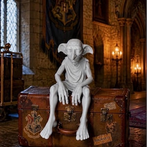 May include: A white figurine of a house-elf with large ears and eyes, wearing a simple tunic, sitting on a brown vintage-style trunk. The trunk features metal latches, leather-like trim, and a label with the text HOGWARTS printed on it.