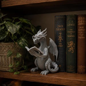 May include: A light gray dragon figurine with textured scales, wings, and a tail, wearing round glasses while holding an open book. The dragon is positioned on a wooden shelf next to a potted plant and several hardcover books with visible titles.