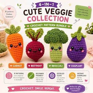 4-in-1 Crochet Vegetable Pattern Bundle | Amigurumi Carrot, Beetroot, Broccoli, Eggplant (PDF)