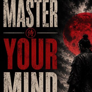 May include: Poster with the words "MASTER YOUR MIND" in bold red and beige lettering. A samurai stands on a rocky cliff, facing away, with a red moon in the background. The poster includes Japanese text and icons.