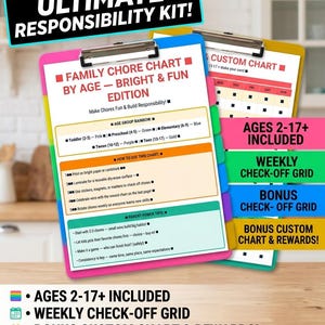 May include: A colorful chore chart kit with the text "ULTIMATE RESPONSIBILITY KIT!" includes a family chore chart by age, a custom chart, and a weekly check-off grid. The chart is designed to make chores fun and build responsibility for ages 2-17+.
