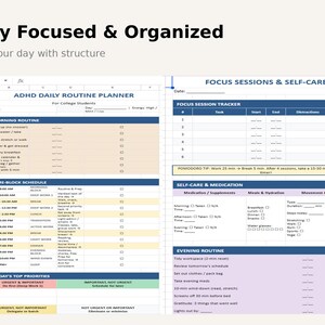 May include: A daily planner for college students, designed to help with focus and organisation. It features sections for morning routines, time-block schedules, focus sessions, self-care, and evening routines. The text "Stay Focused & Organised" is at the top.