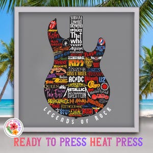 May include: A square framed graphic print featuring a black electric guitar silhouette filled with various rock band logos and names in multiple colors. The text "LEGENDS OF ROCK" is printed in white below the guitar on a solid gray background.