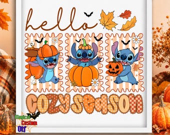 Hello Cozy Season Dtf Transfer, Cute Blue Alien Autumn Ready To Press, Pumpkin Patch Monster Stamps Heat Transfer, Disney Fall Iron on Shirt