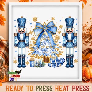 Blue Chinoiserie Nutcracker DTF Transfer, Christmas Tree Ready To Press, Bow Christmas Shirt Heat Transfer, Blue Ribbon Holiday Dtf Print
