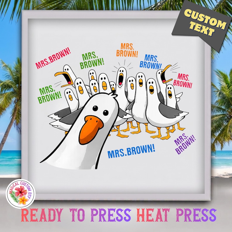 May include: A white and gray seagull graphic print featuring a large foreground seagull and a flock of smaller seagulls behind it. The text "MRS. BROWN!" is repeated in various colors including pink, green, orange, blue, and purple around the birds.