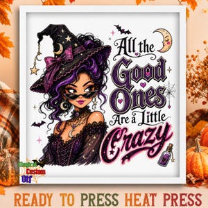 May include: A framed graphic print featuring a person with purple hair wearing a black witch hat and sunglasses. The text reads, All the Good Ones Are a Little Crazy, accompanied by illustrations of a crescent moon, bats, and a potion bottle.