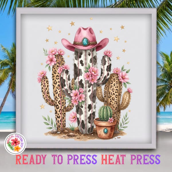 Western Cowgirl Cactus Dtf Transfer, Western Cactus Tee Heat Transfer, Pink Cowgirl Hat and Leopard Dessert Ready To Press, Dtf Gang Sheet
