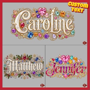 May include: Three decorative name designs featuring the text Caroline, Matthew, and Jennifer. Each name is surrounded by ornate gold filigree and colorful gemstone accents in various shapes, including a prominent pink heart-shaped gem.