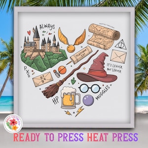 May include: A white square print featuring a heart-shaped collage of fantasy-themed illustrations including a castle, a golden snitch, a broomstick, a sorting hat, round glasses, a beer mug, a map, and text reading Always, Platform 9 3/4, and Muggles.