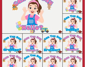 May include: A digital graphic collection featuring a cartoon character with a pink headband, pink shirt, and blue overalls. The text Can You Say Hello? appears alongside various family titles like One, Daddy, Grandpa, Sister, Brother, Mama, Grandma, Uncle, Auntie, and Dada.