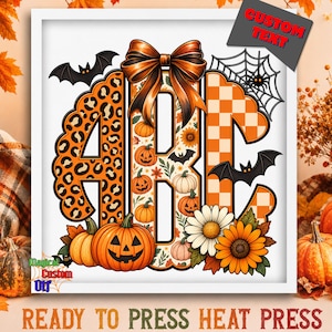 May include: A framed graphic design featuring the letters ABC in a fall theme. The A has a leopard print, the B features pumpkins and flowers, and the C has an orange checkerboard pattern. Decorated with a large bow, bats, a spider web, and pumpkins.