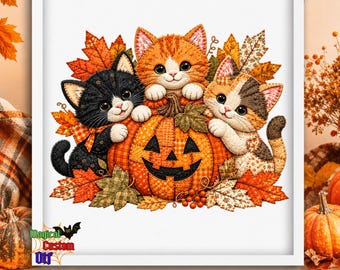 Faux Embroidery Halloween Cat DTF Transfer, Thanksgiving Fall Cats Ready To Press, Cute Autumn Kitten Pumpkin Heat Transfer, Fall Cat Mom