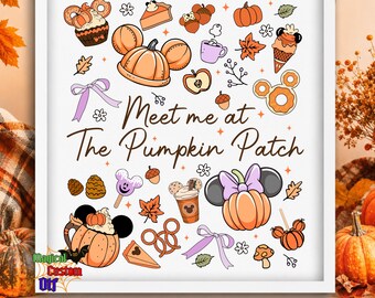 Meet Me At The Pumpkin Patch Dtf Transfer, Cozy Fall Snacks Ready To Press, Autumn Shirt Heat Transfer, Cute Pumpkin Spice Mickey Ears Print